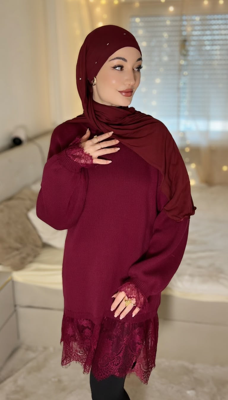 Strickpullover mit Spitzenabschluss – 6010