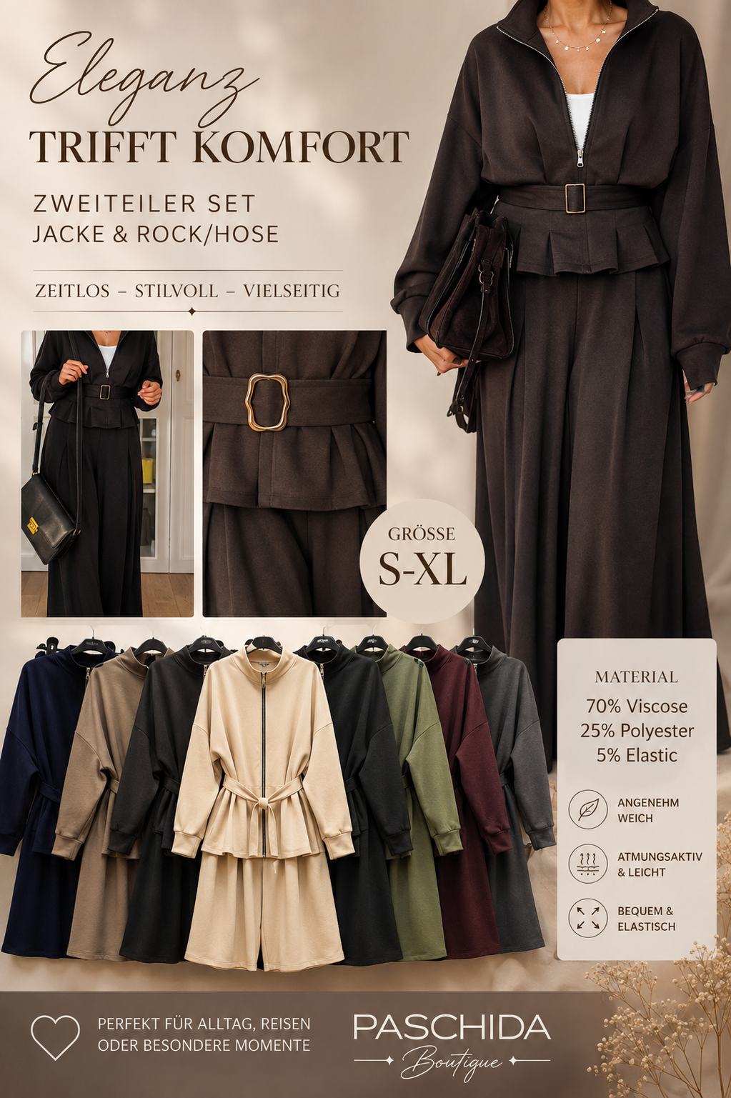 Elegance Zip Set – Zweiteiler mit Gürtel (Viscose-Mix)“Elmas“